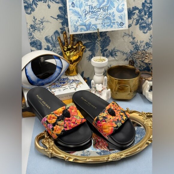 🆕 KURT GEIGER LONDON 🧿 NWOB Meena Eagle Black Floral Print Slides, Sz 37 US 7 - Picture 2 of 13